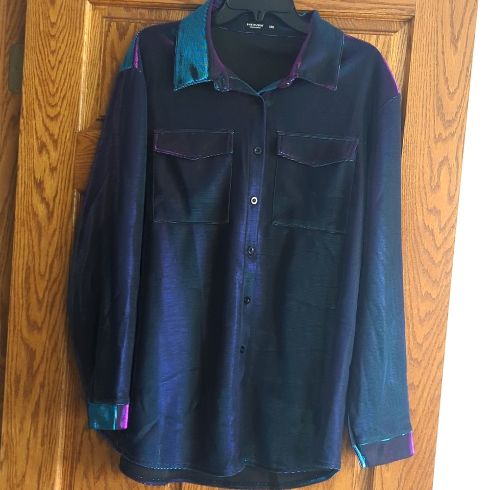 Holographic button down top